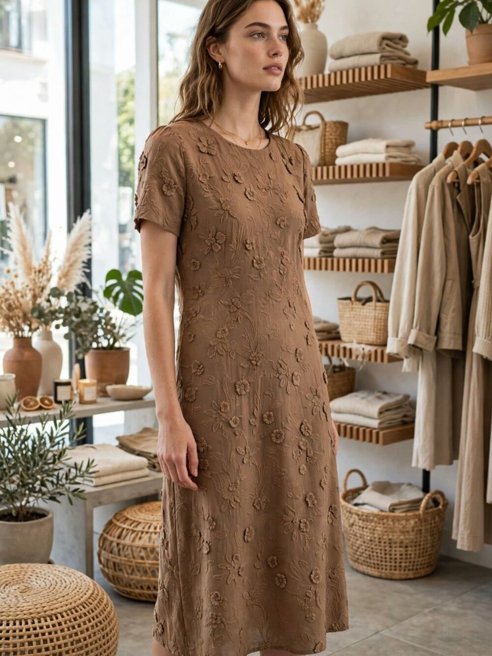 Black Floral Jacquard Short Sleeve Midi Dress — L